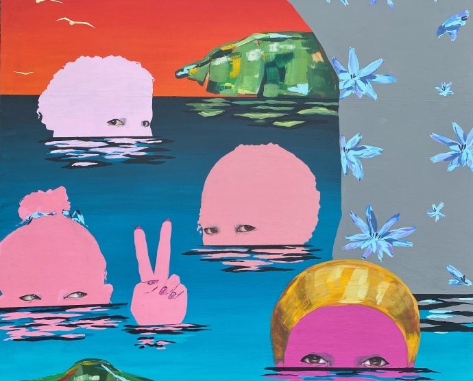Painting of four pink heads sticking out of water with eyes looking straight ahead, a gray torso on the right with blue flowers, and a red sky with green leaves.