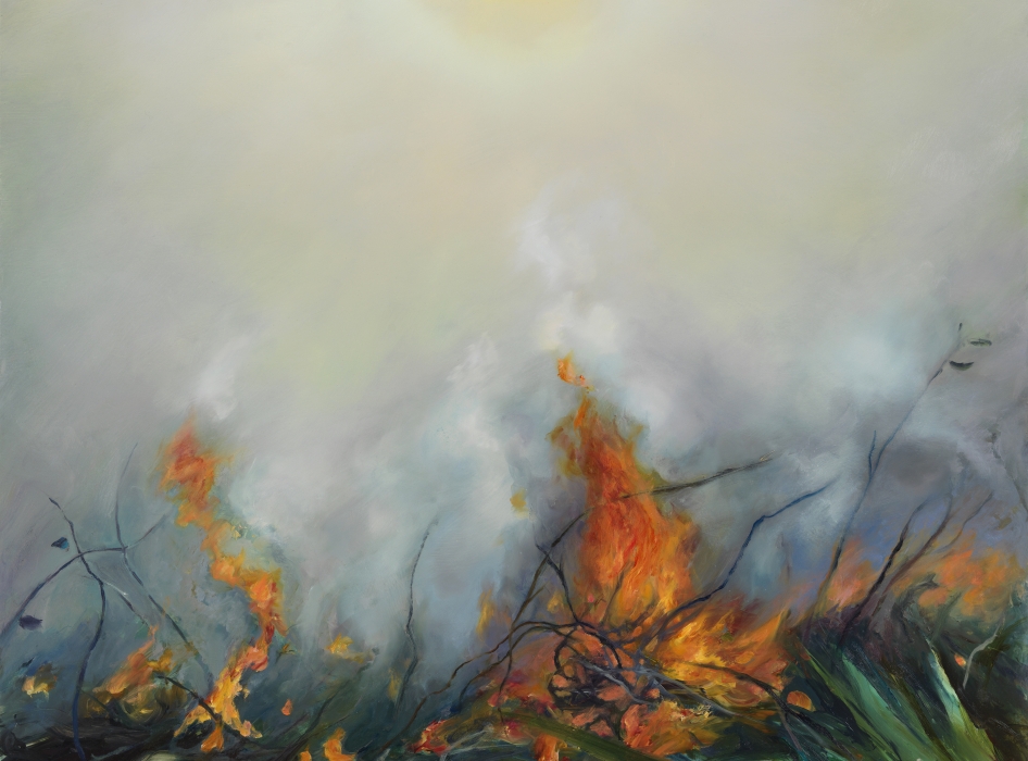 An oil painting of a small sun at the top center shining through smoke from green foliage that is burning with orange and yellow flames.